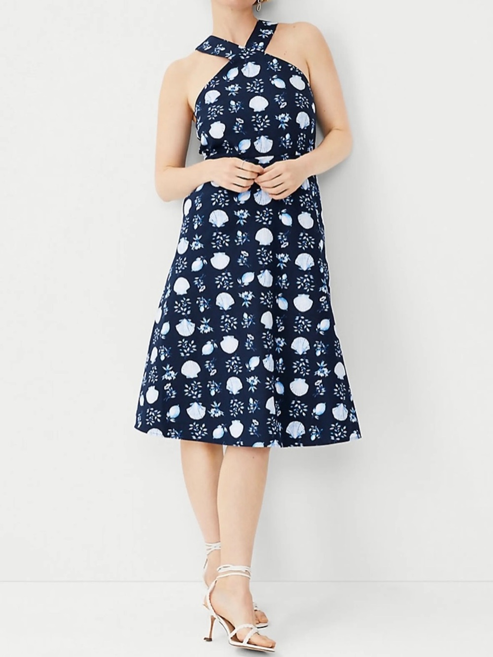 Ann Taylor Cotton Linen Coastal Sea Shell Navy Blue Midi A Line Dress  6 petite